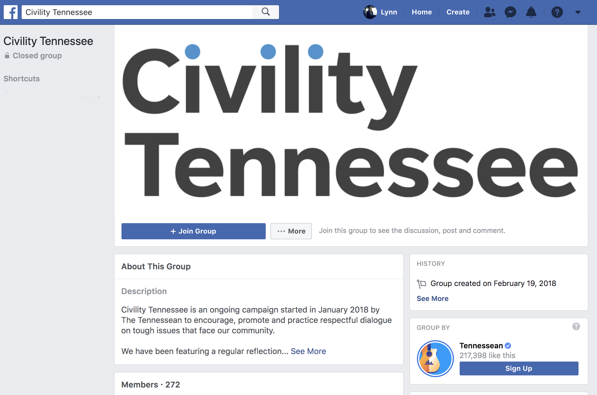 Screenshot from the Civility Tennessee group page on Facebook.