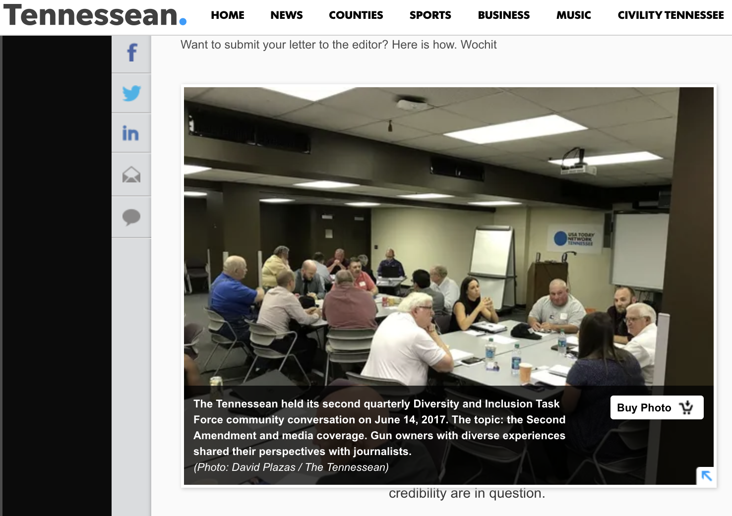 Screenshot from tennessean.com, showing an invitation for more veterans to share their perspectives with the newspaper.
