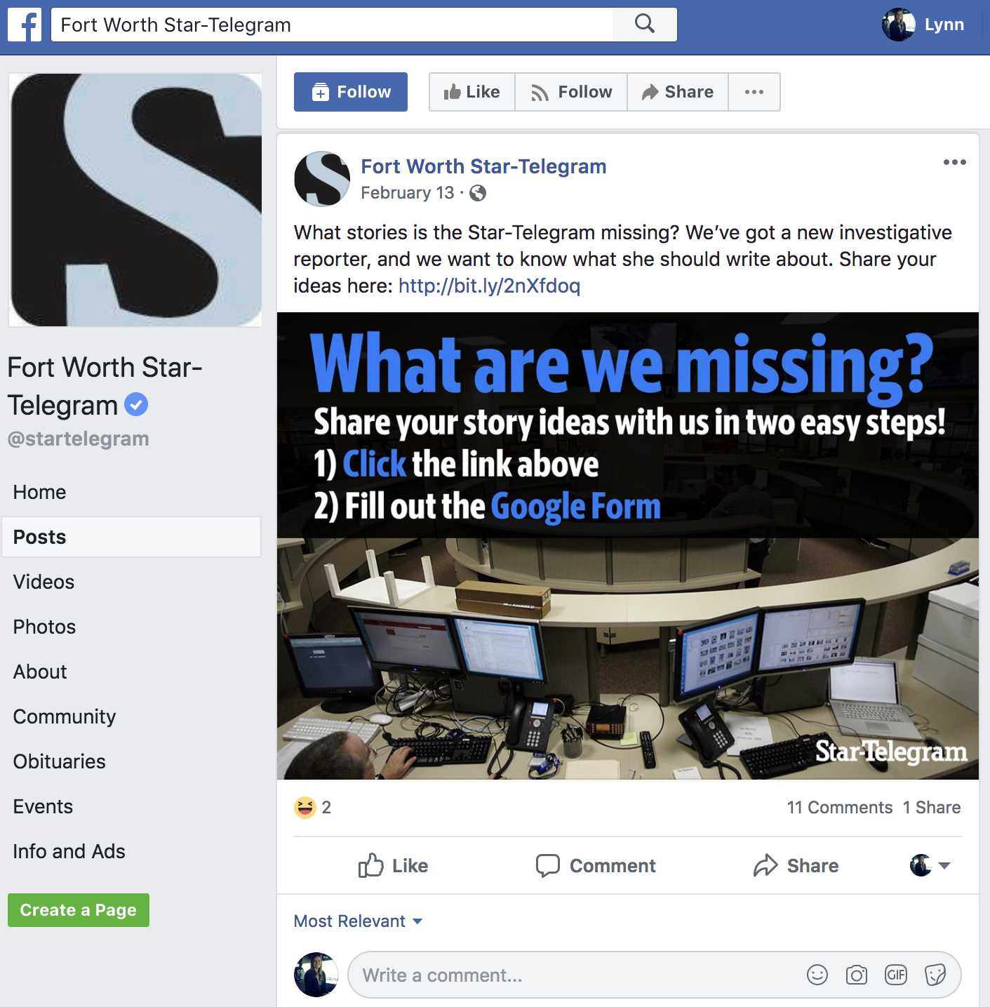 Screenshot from the Fort Worth Star-Telegram's page on Facebook, asking: What are we missing? And including instructions for community members to submit story ideas. 