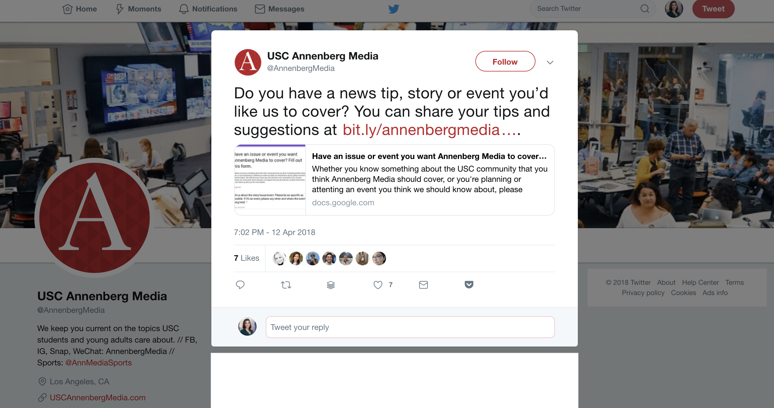 Tweet from Annenberg Media, reading: Do you have a news tip, story or event you’d like us to cover? You can share your tips and suggestions at http://bit.ly/annenbergmedianewstip ...