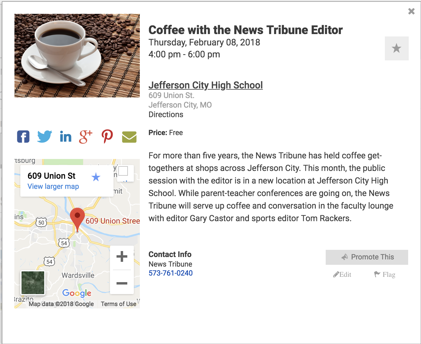 Screenshot showing invitation details for Jefferson City's Coffee with the Editor event