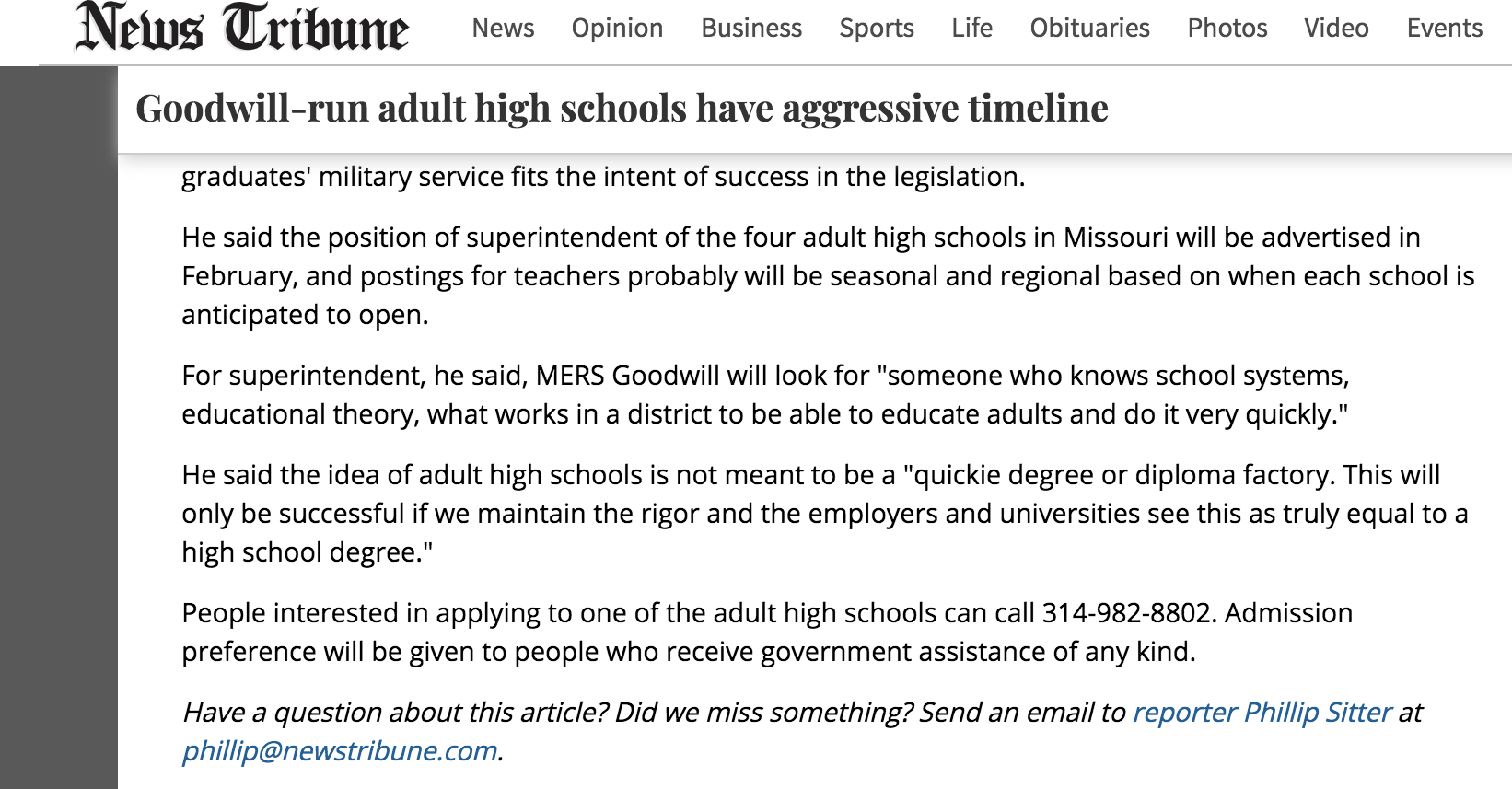 Screenshot from a Jefferson City News Tribune online story, showing the reporter's contact information at the end of the text. 