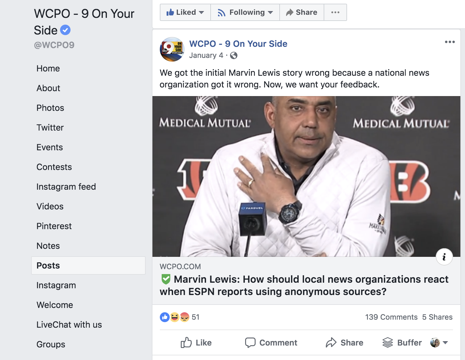 Screenshot from WCPO's Facebook page, showing an article where they asked for reader feedback. 