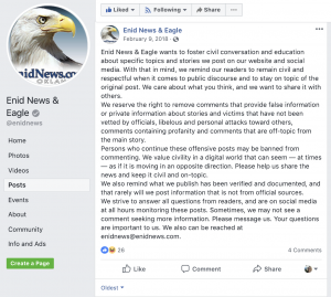Enid wanted to make sure all members of their Facebook Page understood their community guidelines so they posted several posts explaining what their guidelines are. 