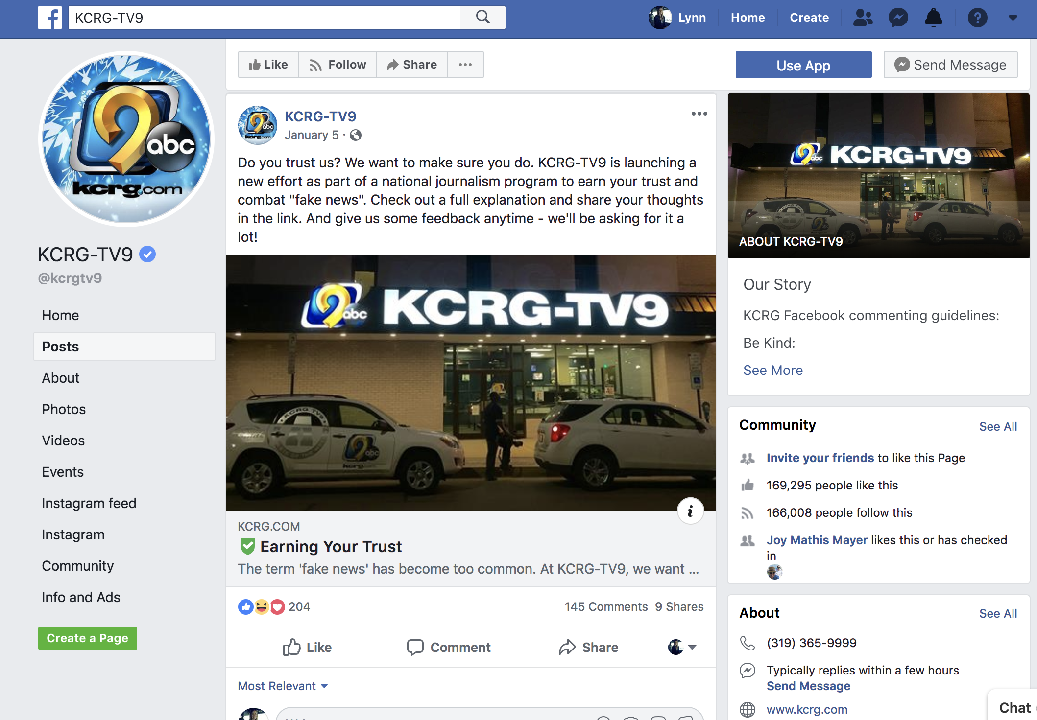 Screenshot from KCRG's Facebook page, where the station asked viewers to share whether or not they trust KCRG. 