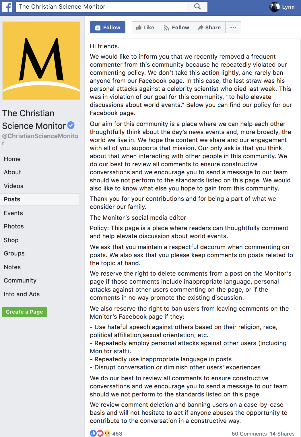 Screenshot from The Christian Science Monitor's Facebook page, explaining why a frequent commenter was banned. 