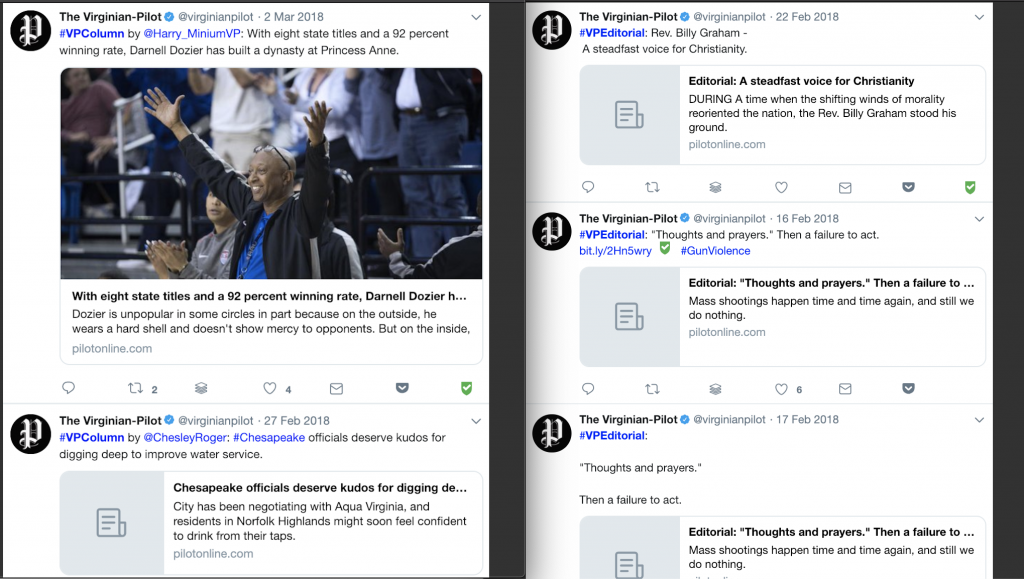 Hashtags can let your Twitter followers know what type of story you're sharing at a glance, helping them to frame their expectations before even landing on your website. The Virginian-Pilot created hashtags to better categorize content on Twitter for their users. They created #VPColumn and #VPEditorial for opinion content, and #VPBreaking for developing stories. 