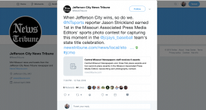 The Jefferson City News Tribune wrote about an award their news team won and shared the post on Twitter. "When Jefferson City wins, so do we," it read. The post then discussed one of the stories the news organization won an award for which was a photograph of a local baseball team's victory. The newspaper also congratulated the journalists and recognized the baseball team in the post.