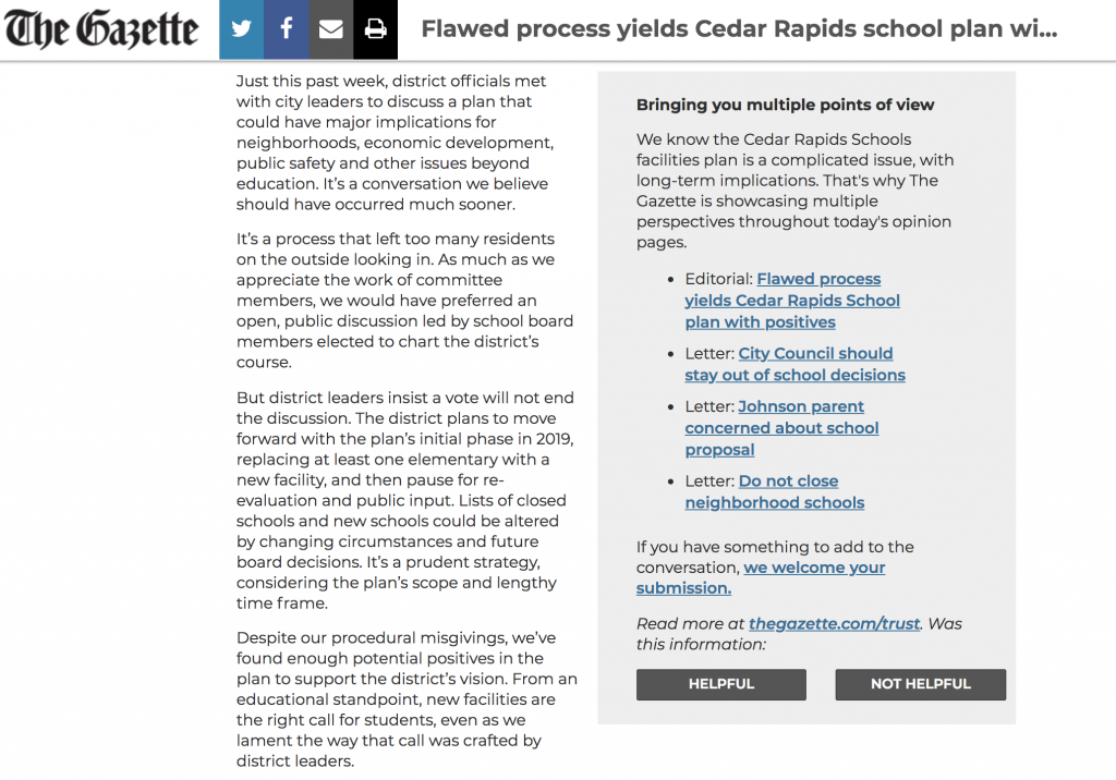In print, multiple perspectives on an issue can often be found on the same page or in the same section, but online, each opinion or side of the story lives separately. The Gazette linked an editorial and three letters to the editor about a local issue together by using a pull-out box. The box highlighted the fact that the news organization had different perspectives available for users and then linked to each article.