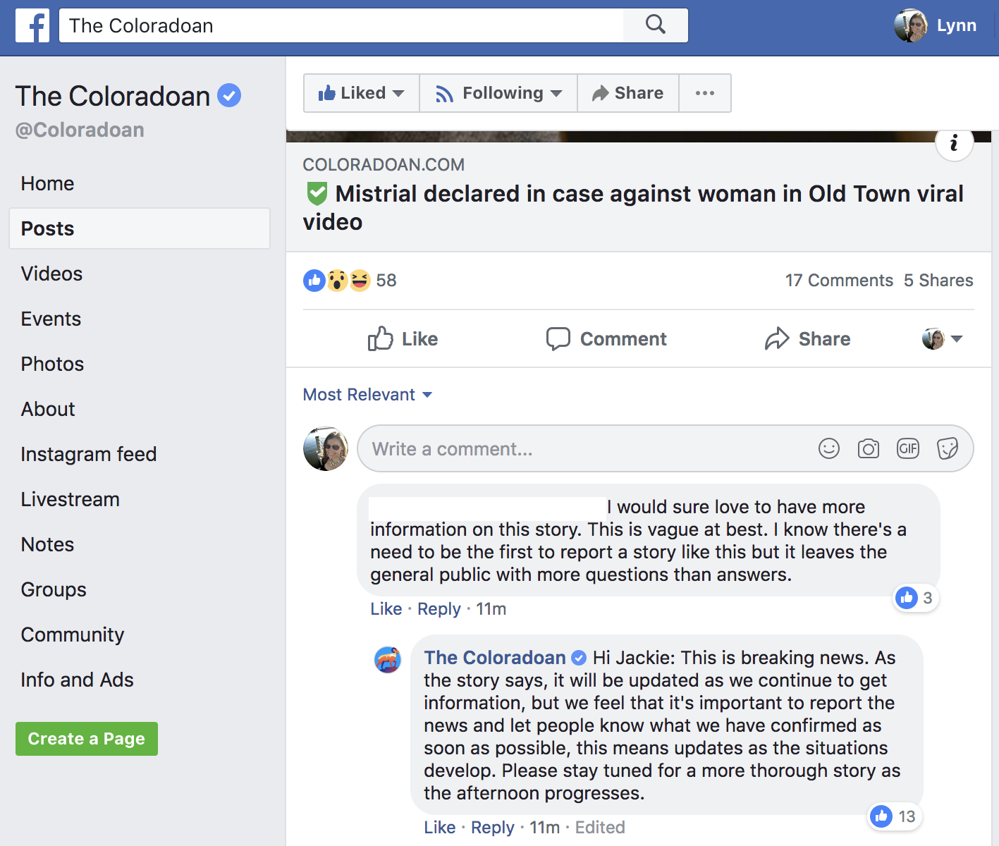 Screenshot from the comments on a post The Coloradoan made on Facebook, explaining how the news organization handles breaking news updates. 