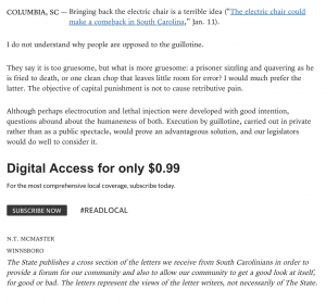 After receiving a lot of criticism for a published "letter to the editor," the State decided to add an editor's note to the bottom of all letters printed by the news organization. The note reads, "The State publishes a cross section of the letters we receive from South Carolinians in order to provide a forum for our community and also to allow our community to get a good look at itself, for good or bad. The letters represent the views of the letter writers, not necessarily of The State."