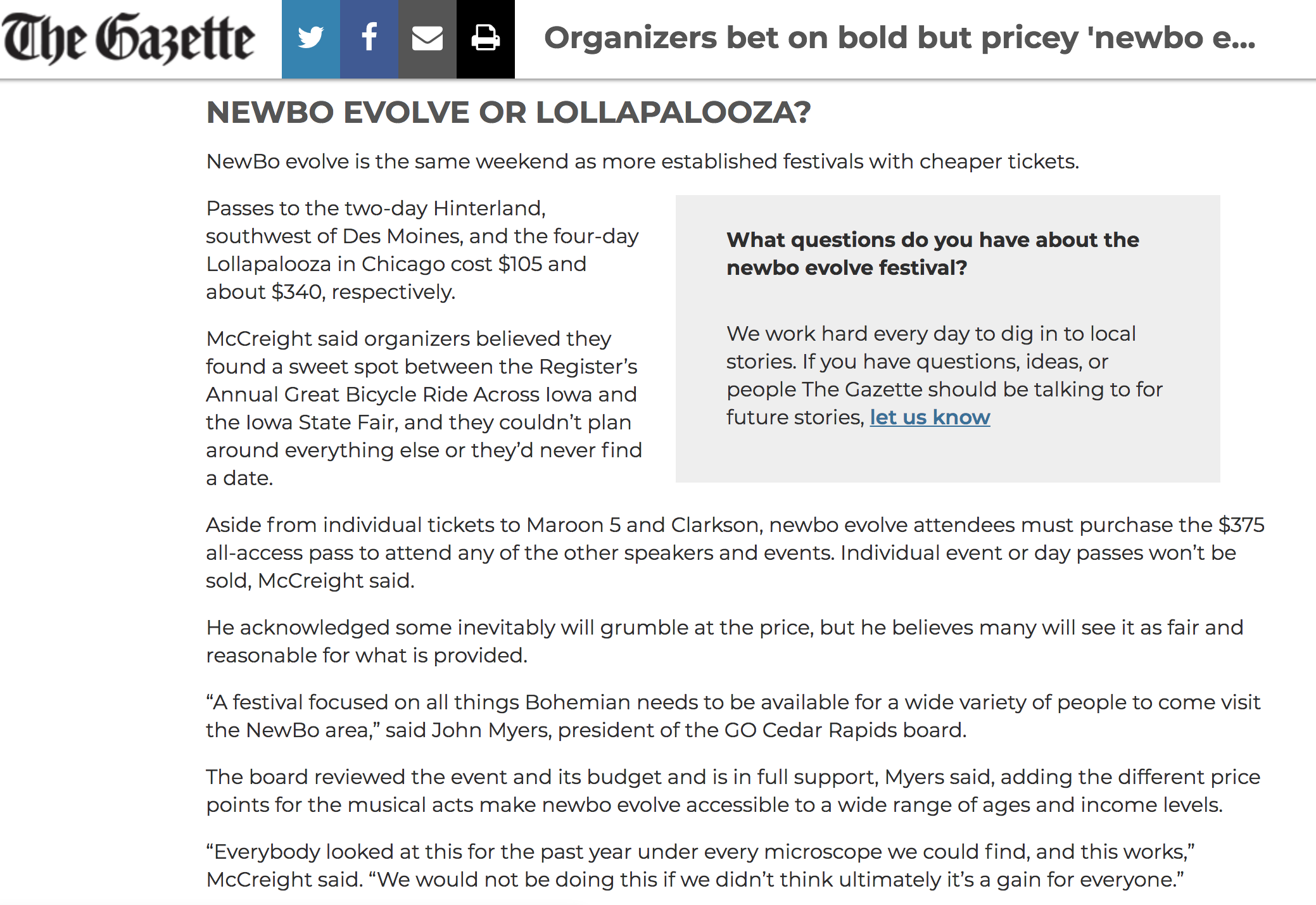 Screenshot from thegazette.com, showing a shaded box where the paper asked readers for feedback and ideas. 