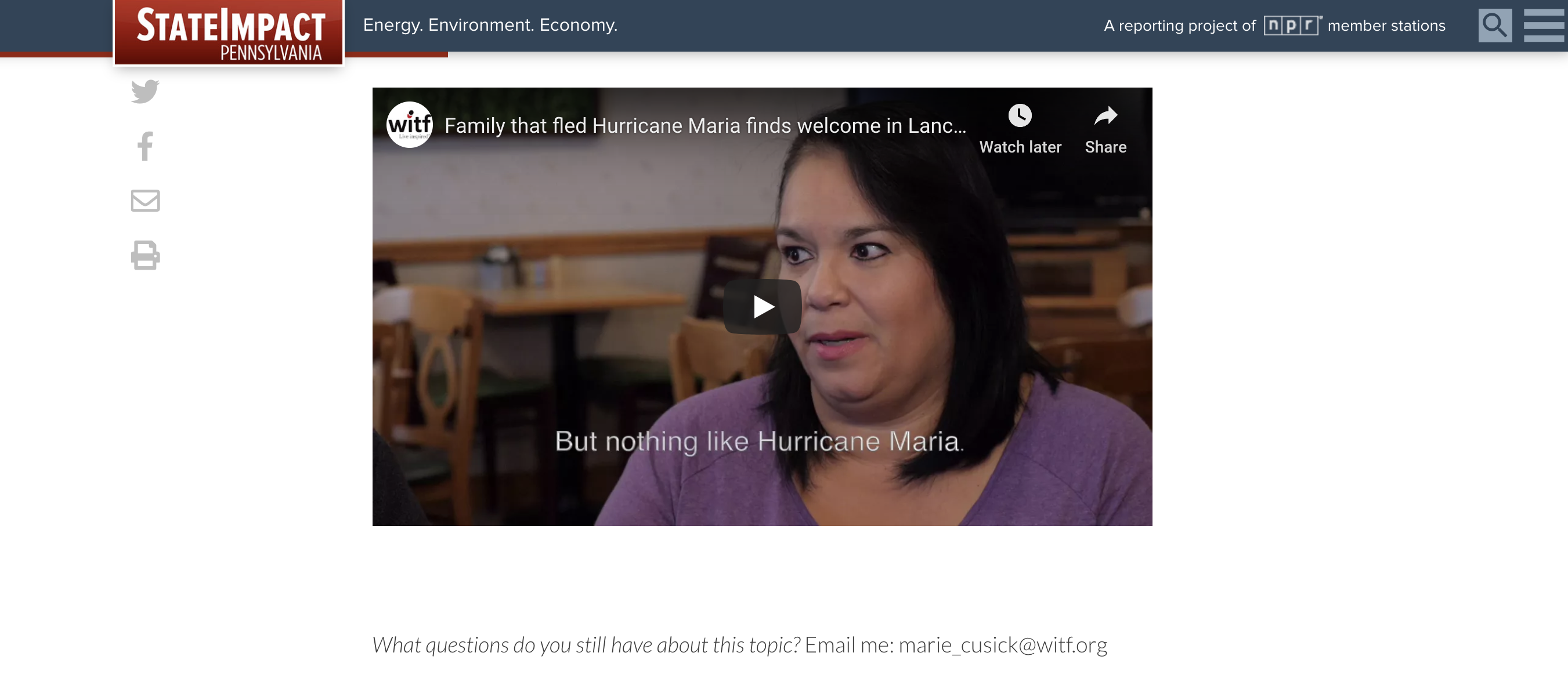 Screenshot from a WITF story on NPR's website, including the text "What questions do you still have about this topic? Email me..."