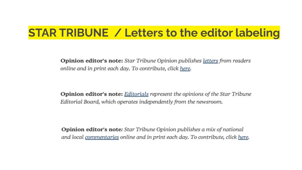Screenshot of the Star Tribune's Letters tot he editor labeling policy.