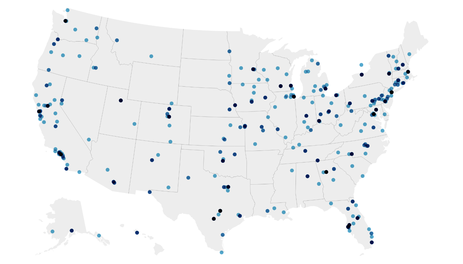 Map of locations across the United States where we have supported newsroom teams.