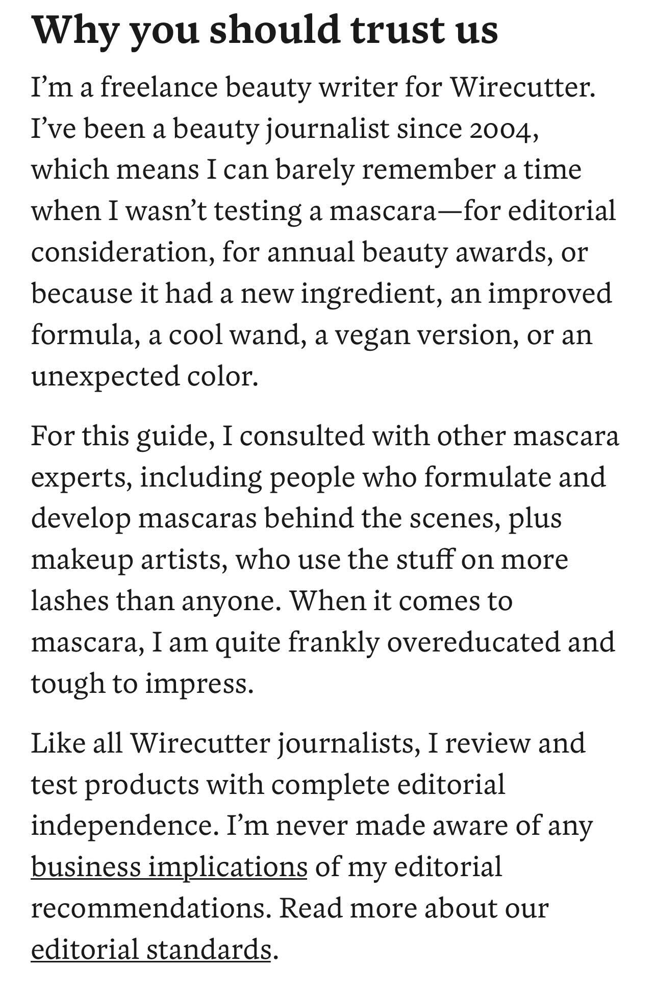 A section of this Wirecutter review of mascara has a headline "Why you should trust us."