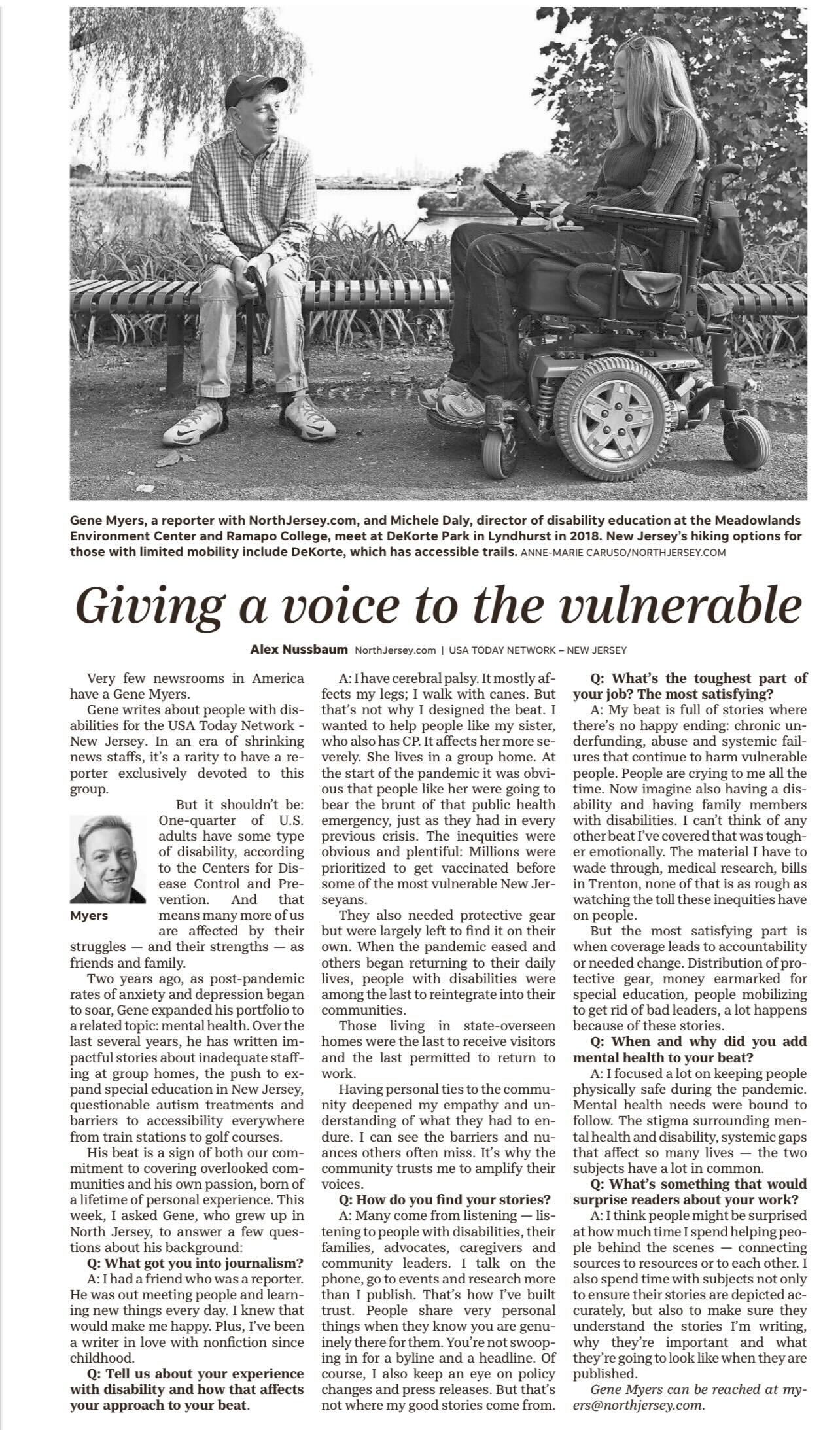 A newspaper pages shows a feature about a reporter with a headling "giving a voice to the vulnerable."